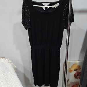 LOFT Black Mini Dress with Sequin Sleeves